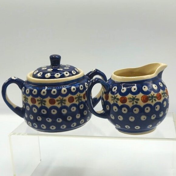 Boleslawiec Polish Pottery Sugar and Creamer Set Mosquito Pattern - Picture 1 of 12